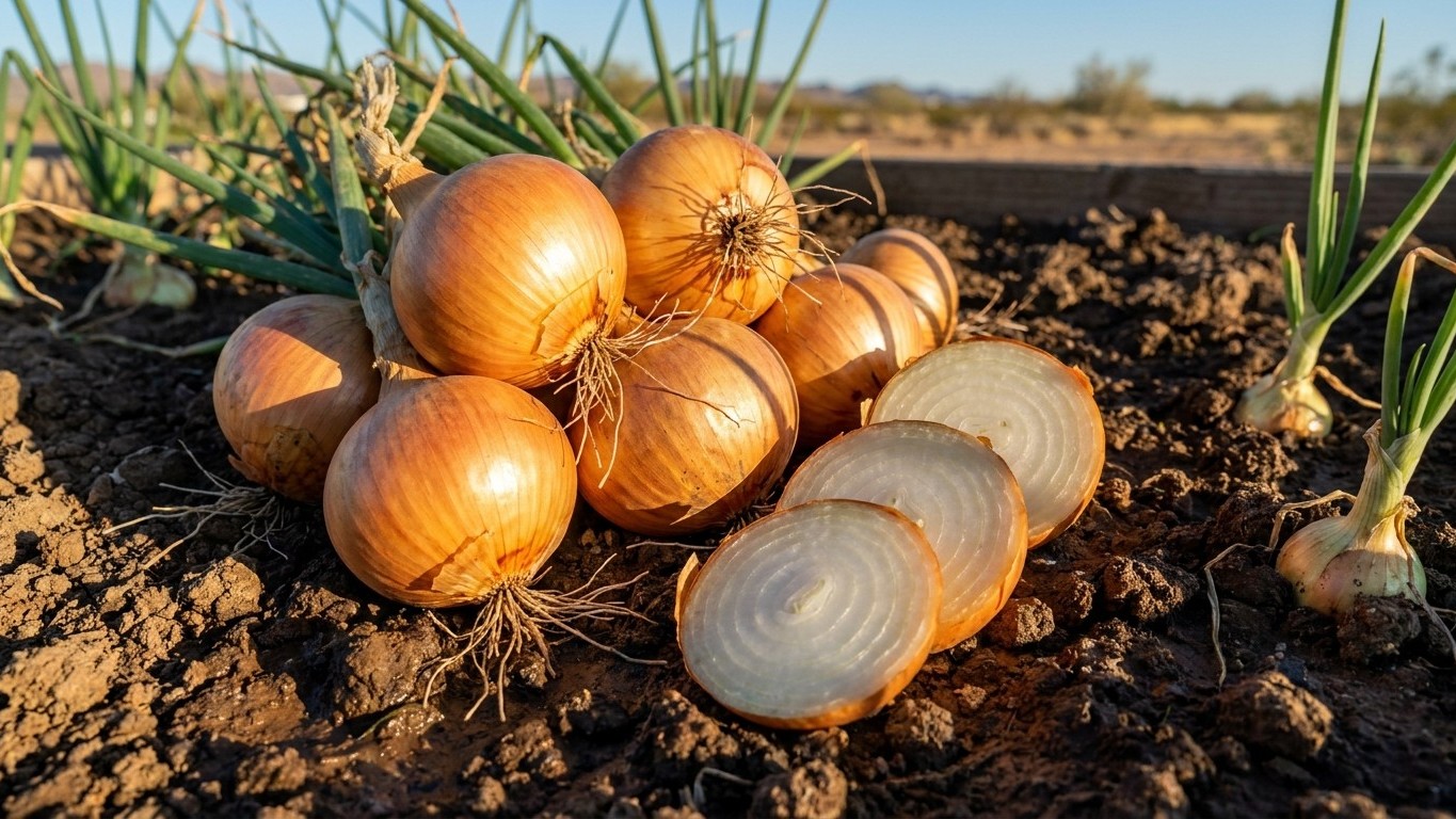 Freshly harvested golden onions with dried roots arranged on dark garden soil with green onion shoots visible in background.