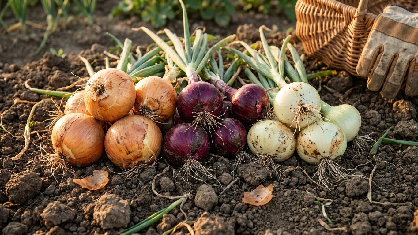 Three varieties of freshly harvested onions—golden, red, and white—displayed on dark garden soil with their greens attached and a wicker basket visible.