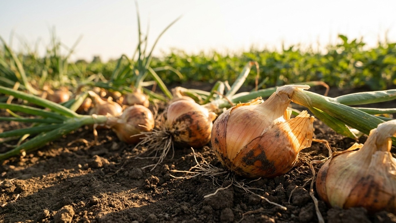 Mature onions with visible bulbs and green leafy tops growing in cultivated garden soil.
