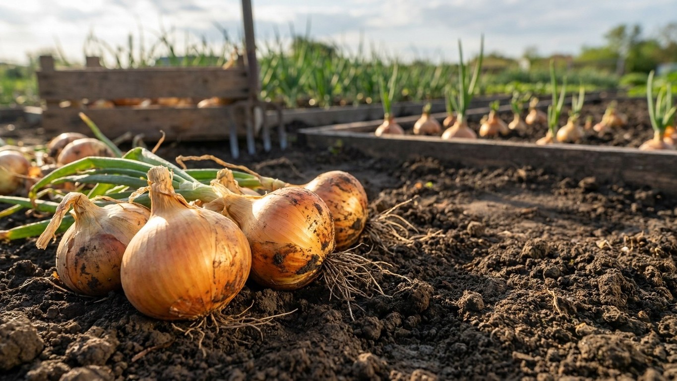 Freshly harvested golden onions rest in dark garden soil with young onion seedlings growing in rows behind them.