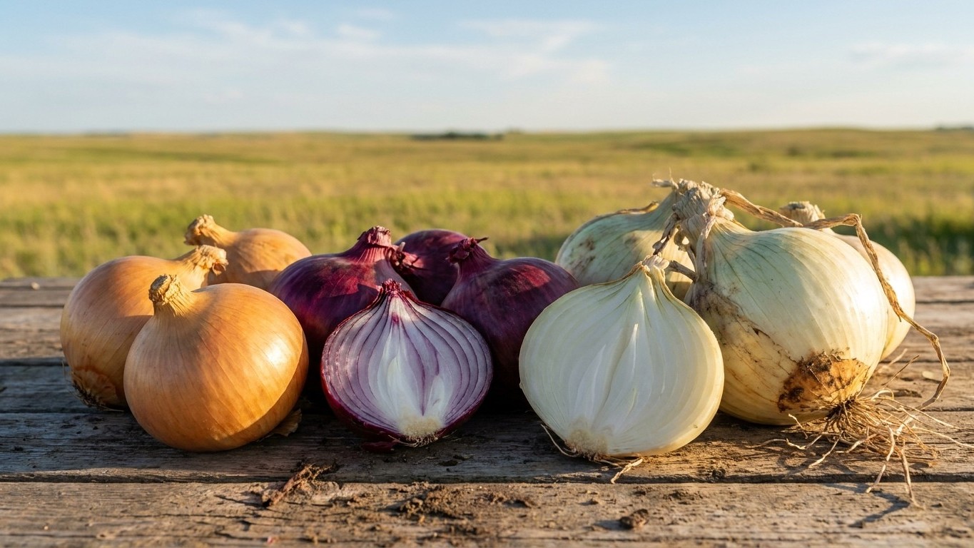 Freshly harvested onions in various colors—golden, purple, and white—displayed on weathered wood with a wide agricultural field visible in the background.