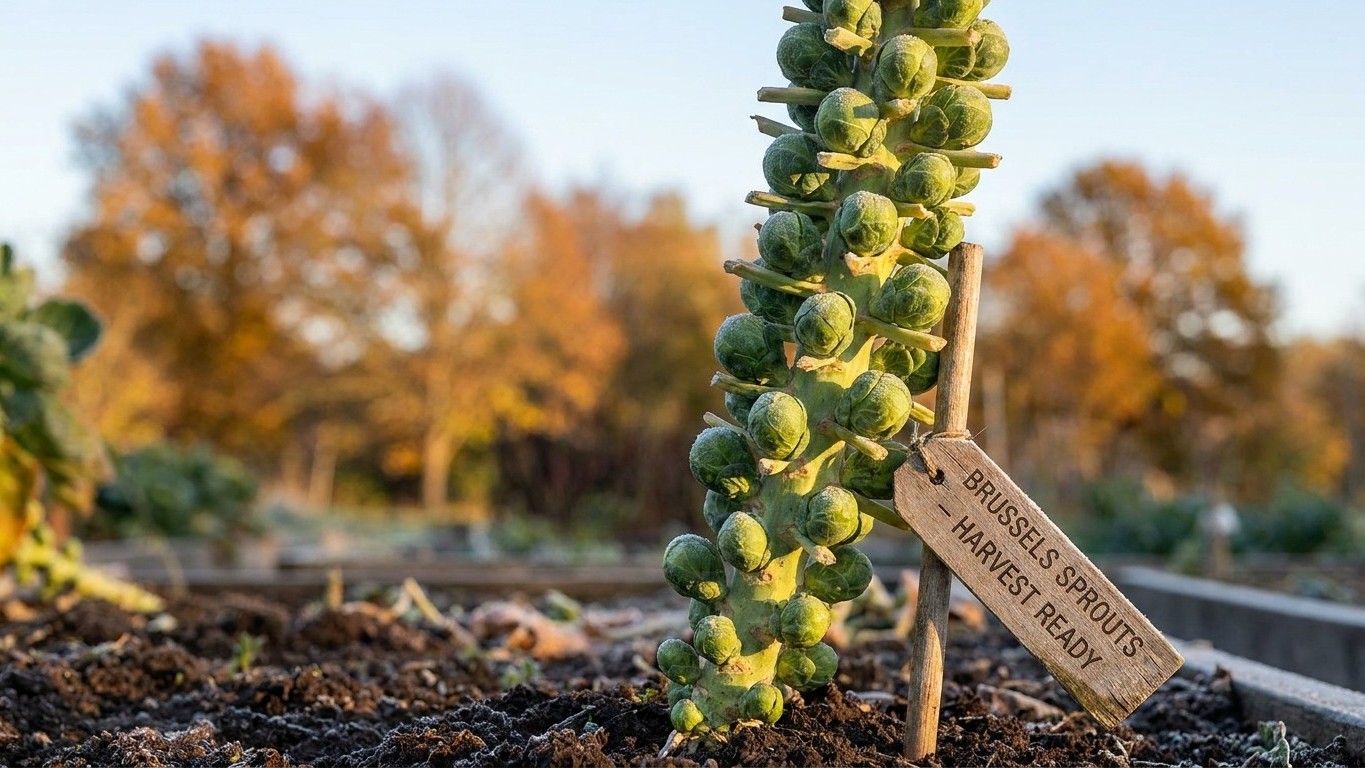 A Brussels sprouts stalk standing in an autumn garden bed