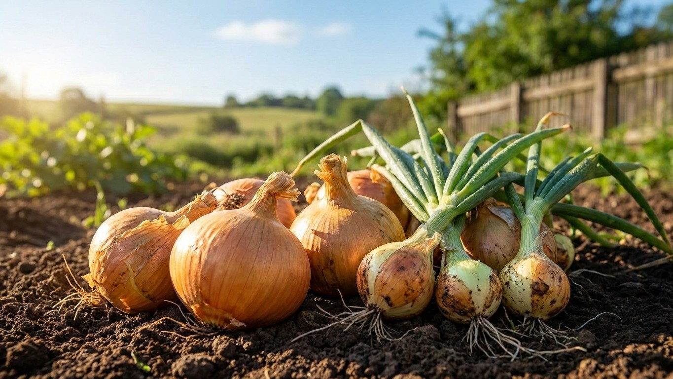 Golden onions with green tops freshly harvested and arranged on dark garden soil with a rural landscape visible behind a wooden fence.