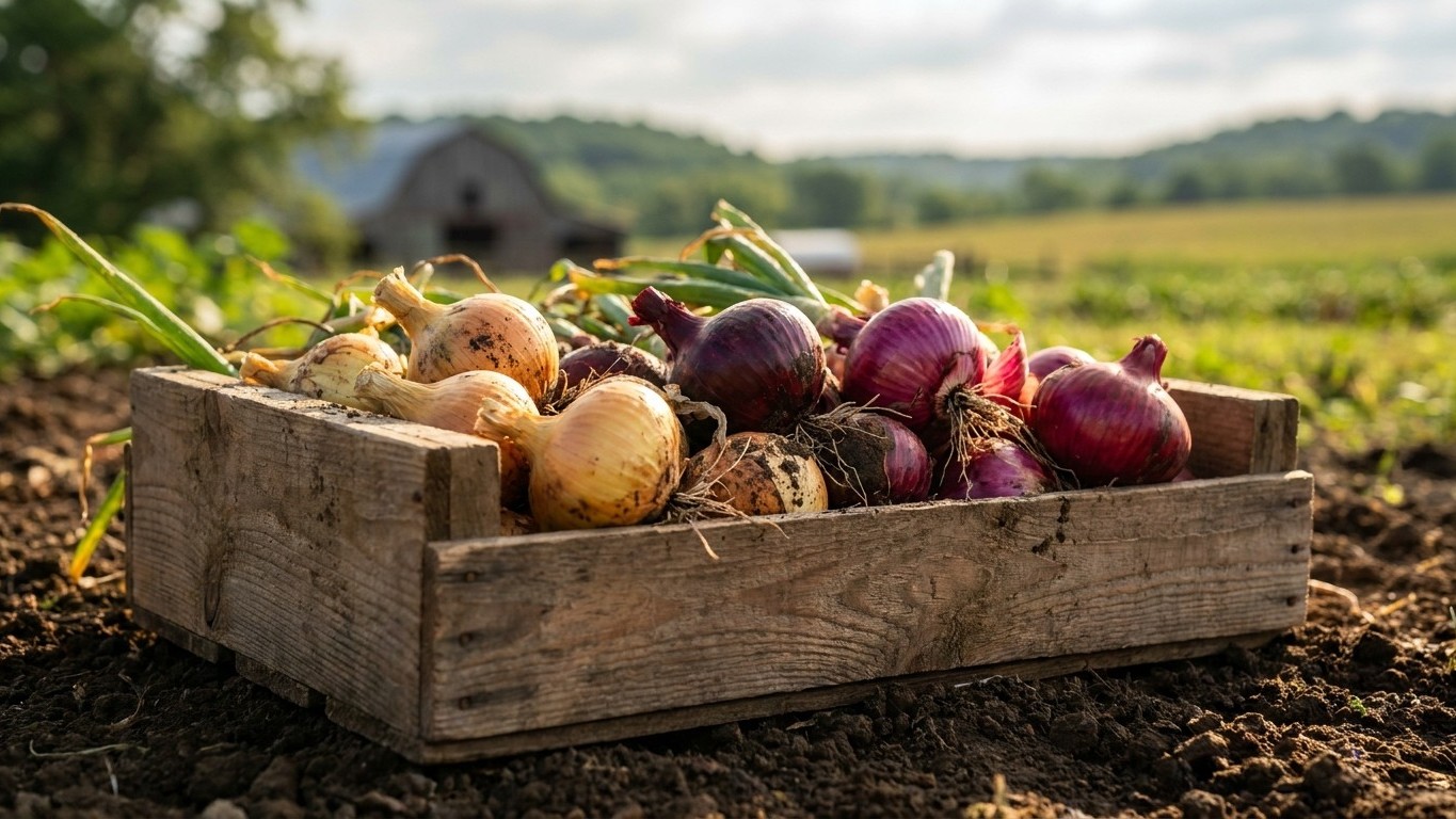 A weathered wooden crate filled with freshly harvested yellow and red onions sits on dark soil in a rural farm field with rolling hills in the background.