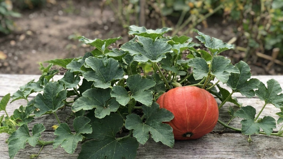 A mature red pumpkin ripening on the vine in a vegetable garden setting.