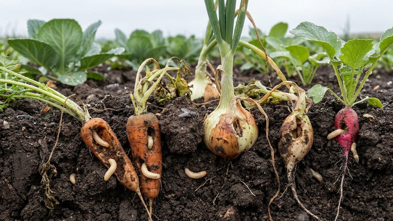 A cross-section view of harvested root vegetables showing carrots, onions, and radishes with soil and green foliage in a garden setting.
