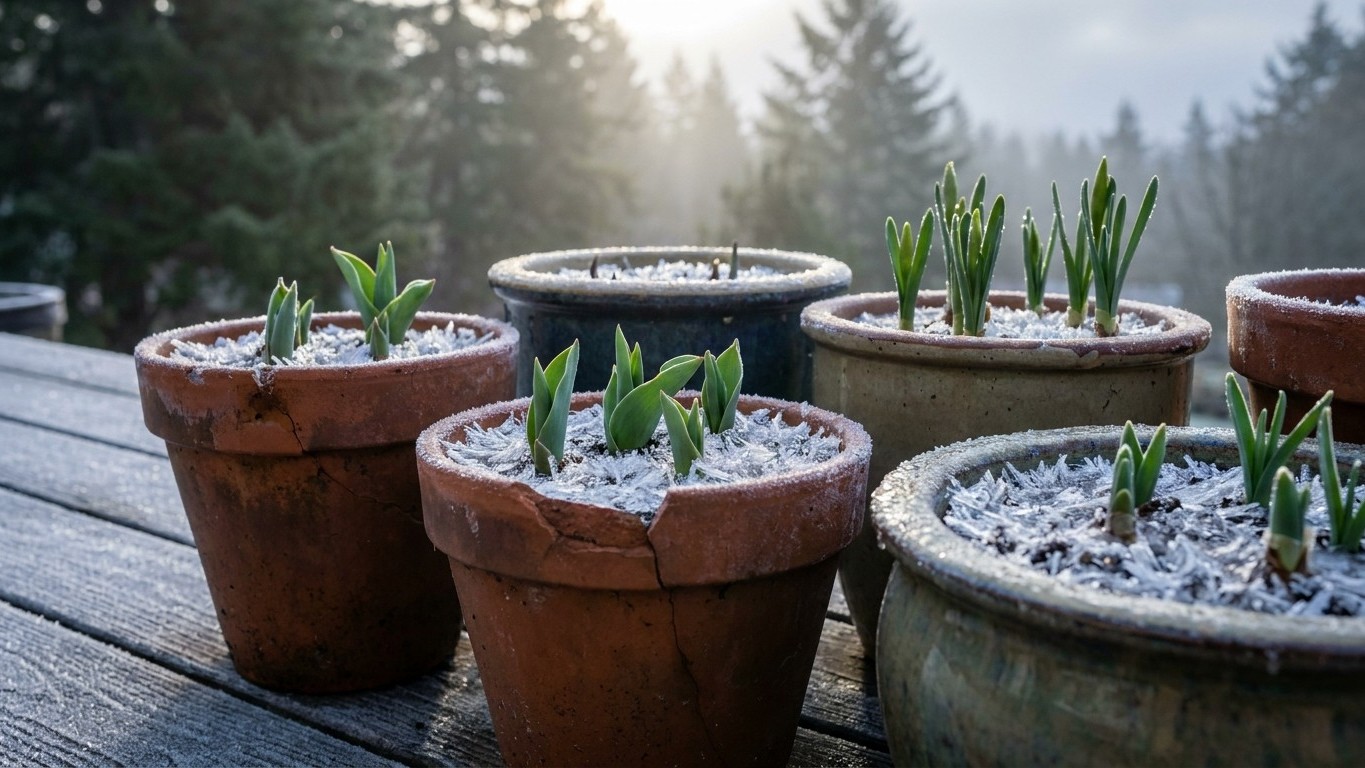 Multiple terracotta and stone pots with early spring bulb shoots and frost-covered soil arranged on a wooden deck with evergreen forest backdrop.