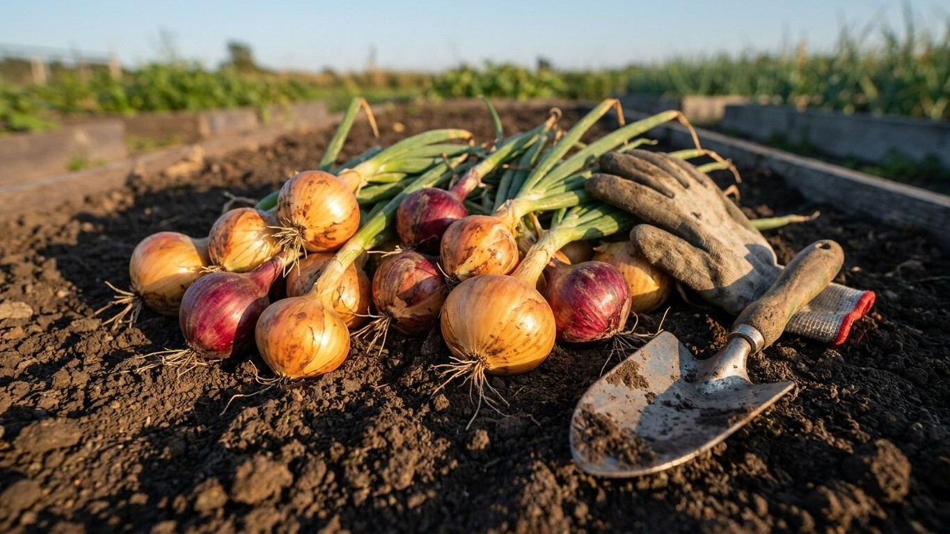 Freshly harvested onions with dried tops and soil clinging to roots, displayed on dark farm soil with a cultivating tool nearby.