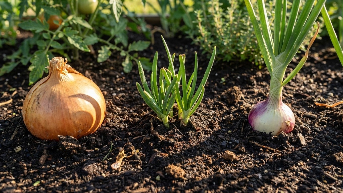 Young onion plants with visible bulbs and green shoots growing in dark garden soil in bright sunlight.