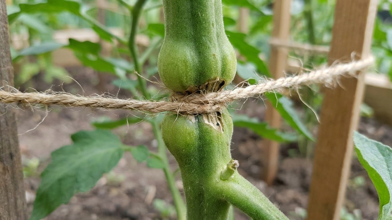 Immature green okra fruits developing on a garden plant supported by twine, showing typical pod texture and arrangement.