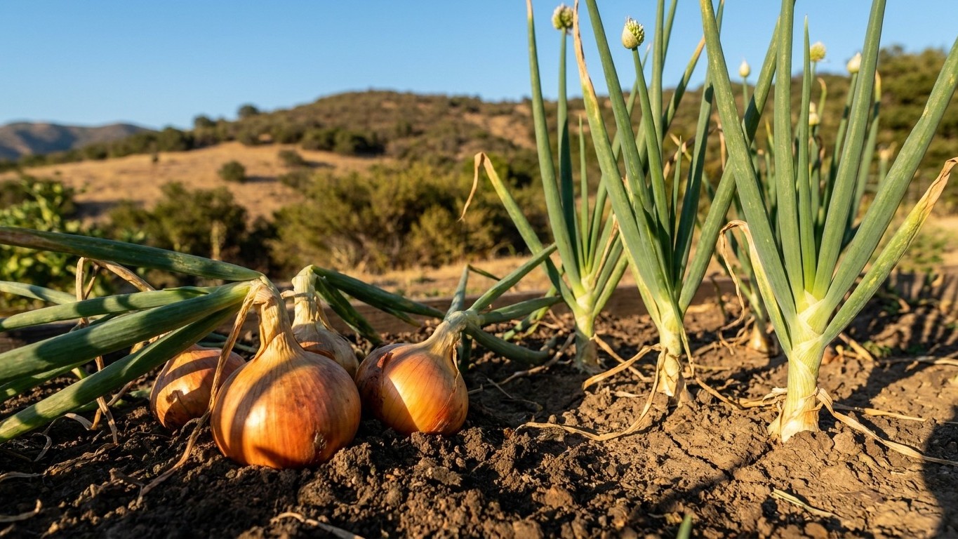 Golden onions with green foliage growing in dark garden soil under bright sunlight in a vegetable patch.