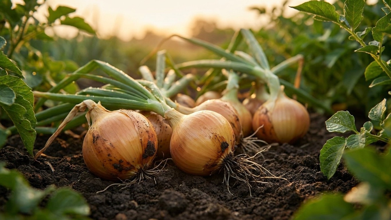 Freshly harvested onions with attached green tops rest on dark garden soil in late afternoon sunlight.