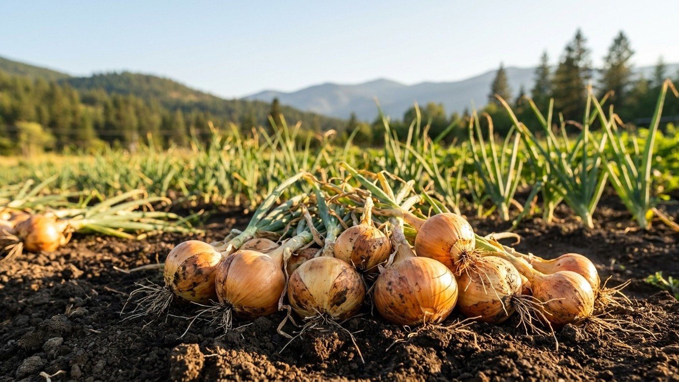 Freshly harvested onions with roots still attached in cultivated soil, with growing onion foliage and forested mountains visible in the background.