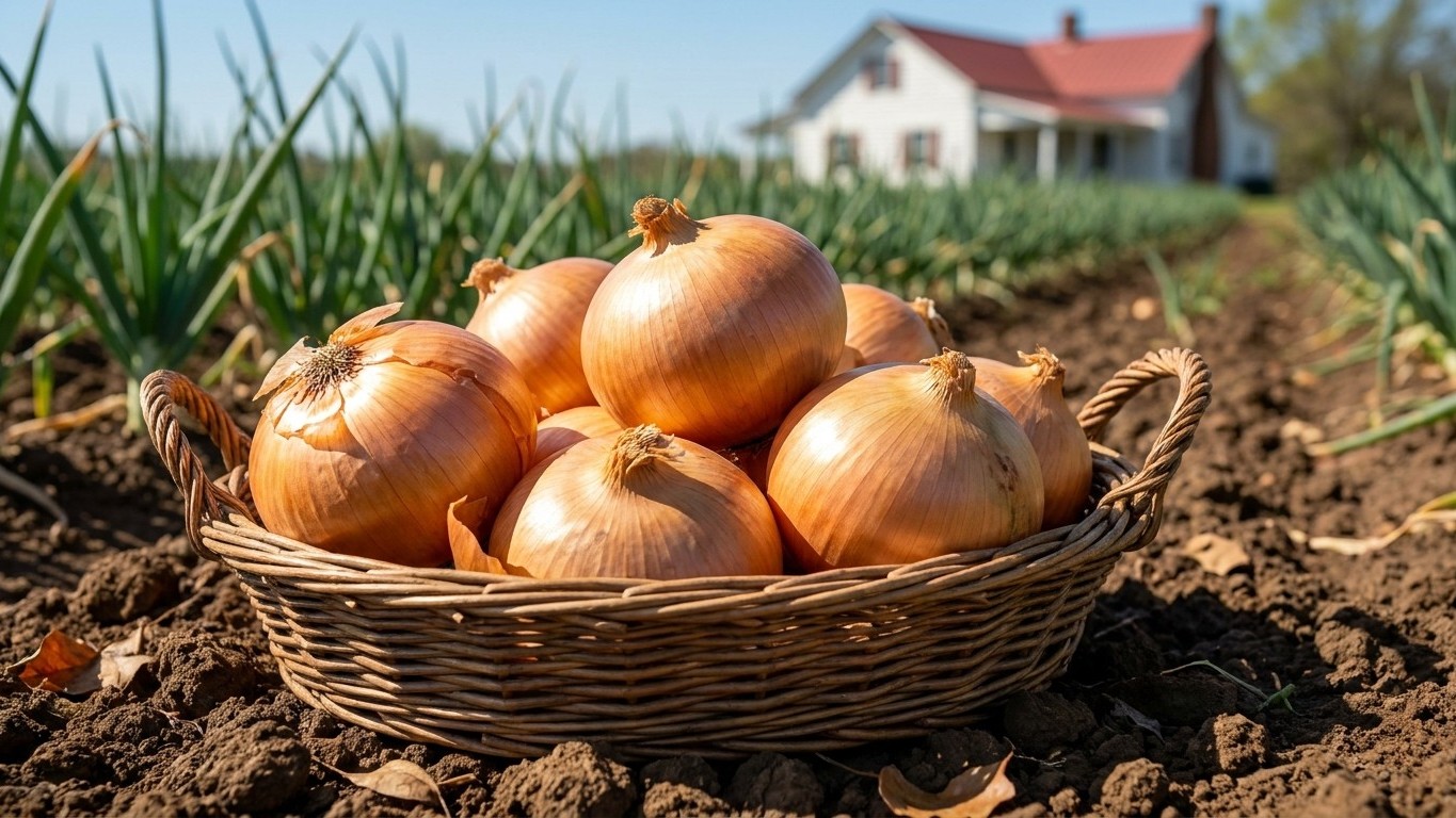 A wicker basket filled with freshly harvested golden onions sits in a vegetable garden with a farmhouse and growing plants visible in the background.