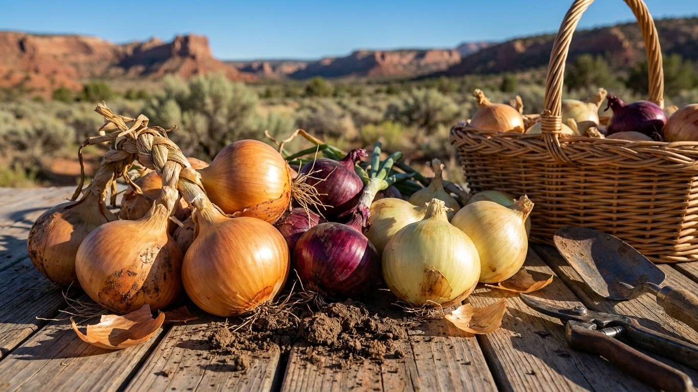 A rustic outdoor display of freshly harvested onions and garlic varieties arranged on a wooden surface with a wicker basket, set against a desert landscape with rock formations.