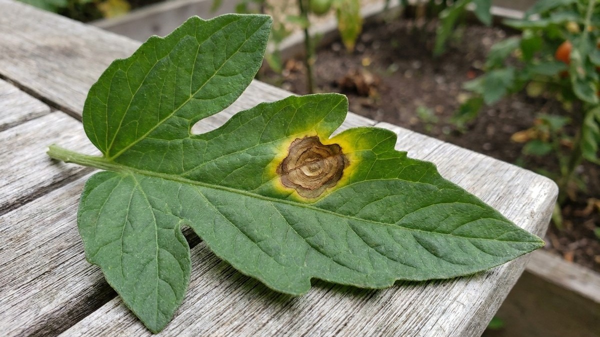Okra leaf displaying a fungal or bacterial disease with a brown necrotic center surrounded by a yellow halo on weathered wooden surface.