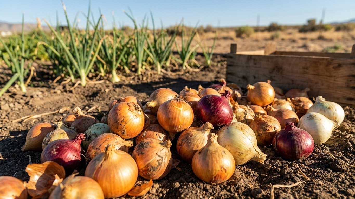 Freshly harvested onions of various colors arranged on bare soil with onion plants visible in the background.
