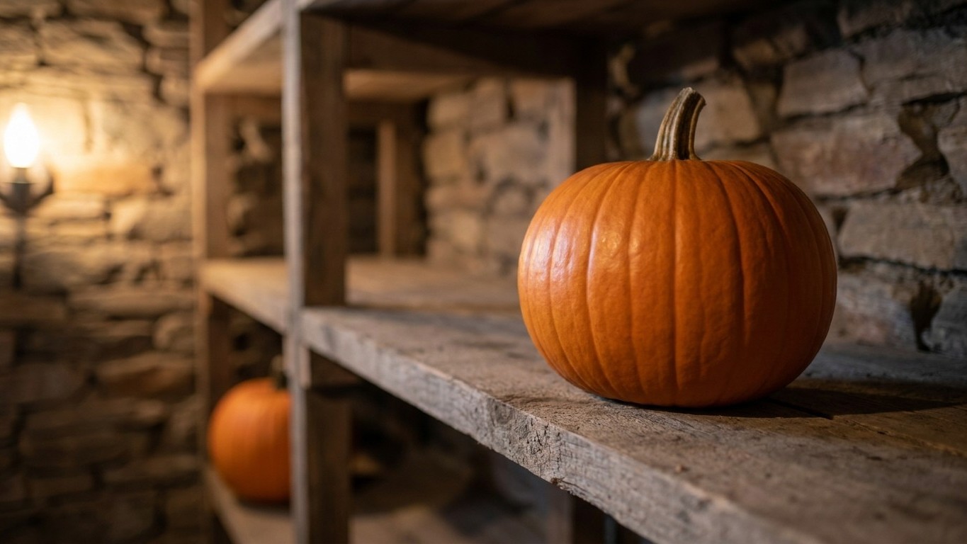 Freshly harvested orange pumpkins displayed on a weathered wooden shelf against a rustic stone building backdrop.