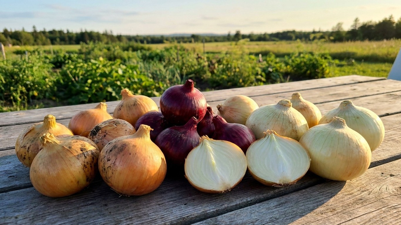 A still life arrangement of freshly harvested onions in golden, white, and red varieties displayed on a wooden table overlooking a vegetable field.