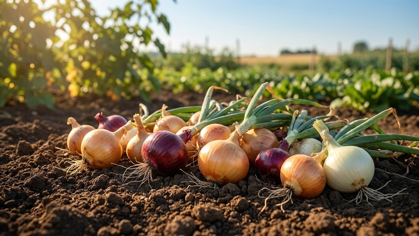 Freshly harvested onions with roots and green tops arranged on soil in a productive vegetable garden field.