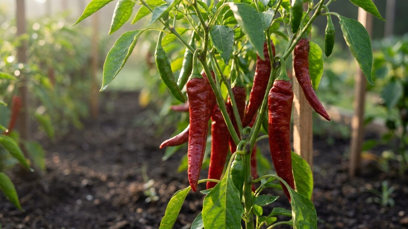 Mature red chili peppers hanging from a plant in a sunlit vegetable garden with blurred garden rows visible in the background.