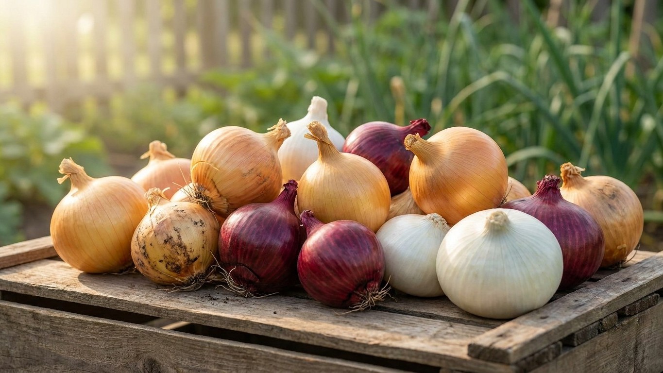 A variety of fresh onions in white, golden, and deep purple varieties arranged on a rustic wooden crate with a garden background.