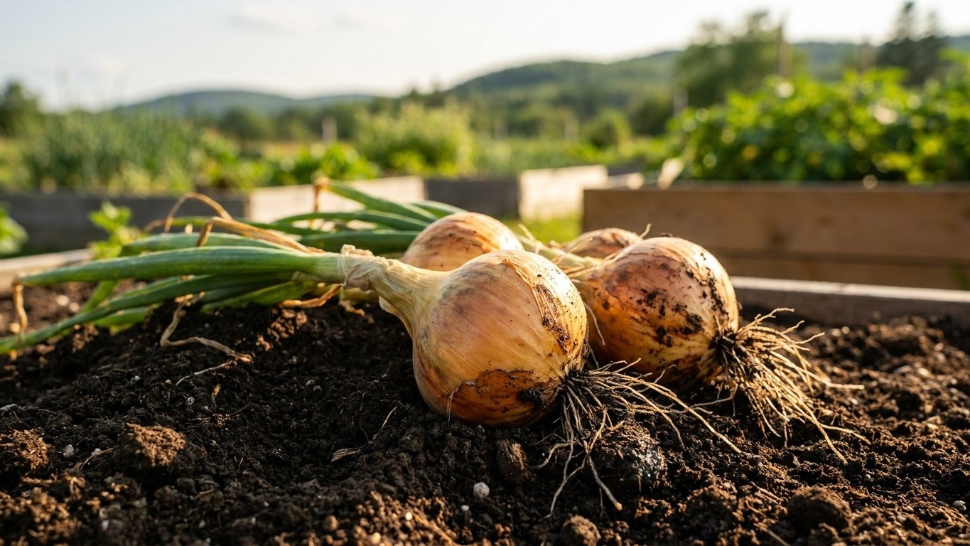 Freshly harvested onions with soil still clinging to roots and green tops lie on dark garden soil with vegetable beds and hillside visible in the background.