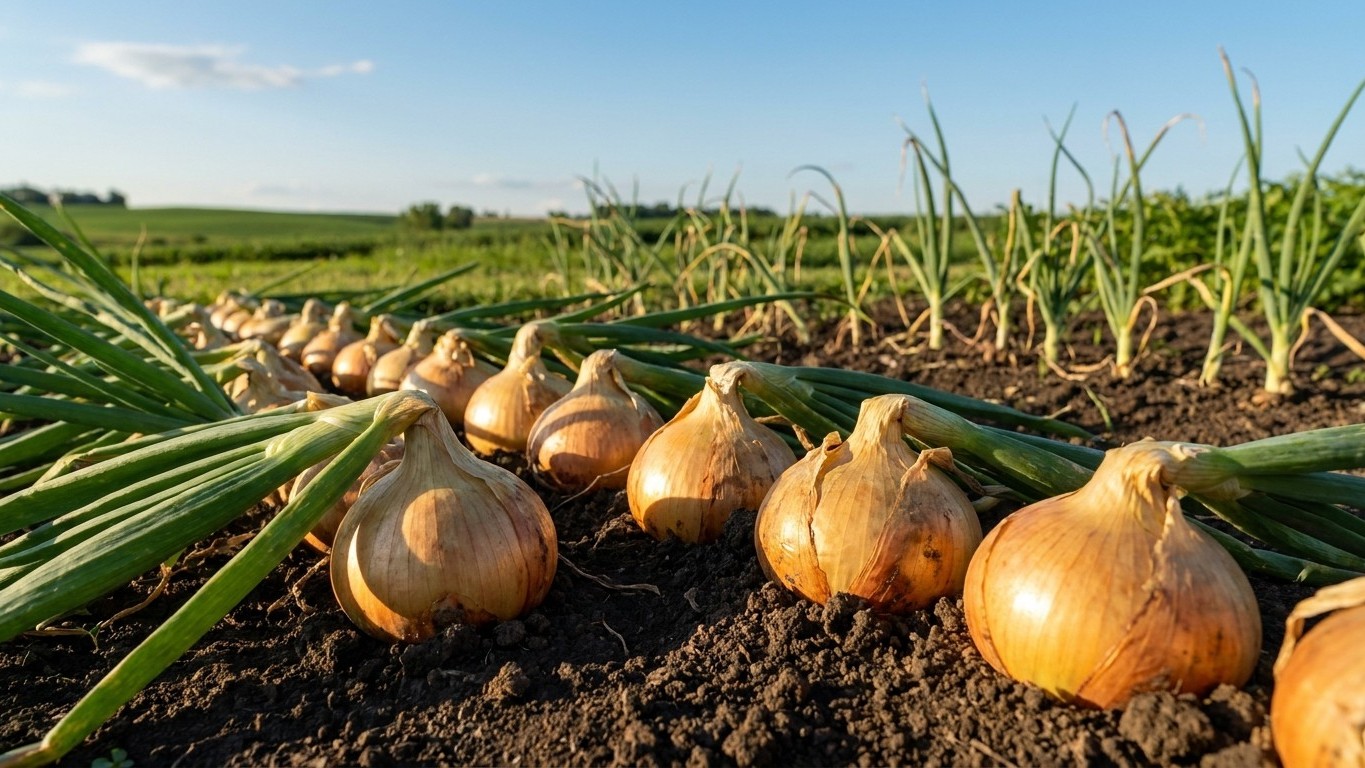 Golden onions with green tops lying in soil during harvest in an agricultural field.