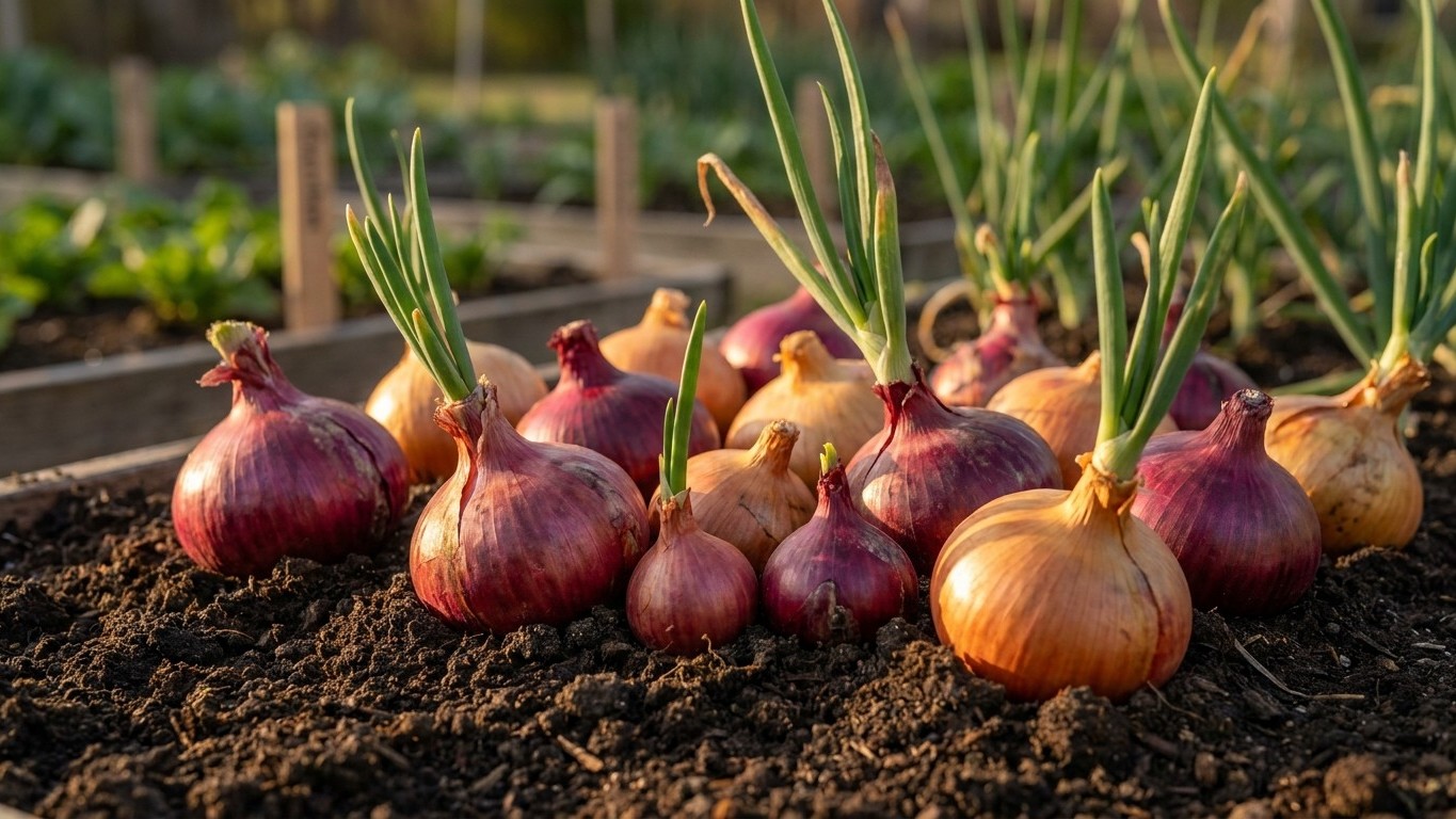Freshly harvested red and yellow onions with green tops still attached, growing in rich dark soil in a vegetable garden bed.