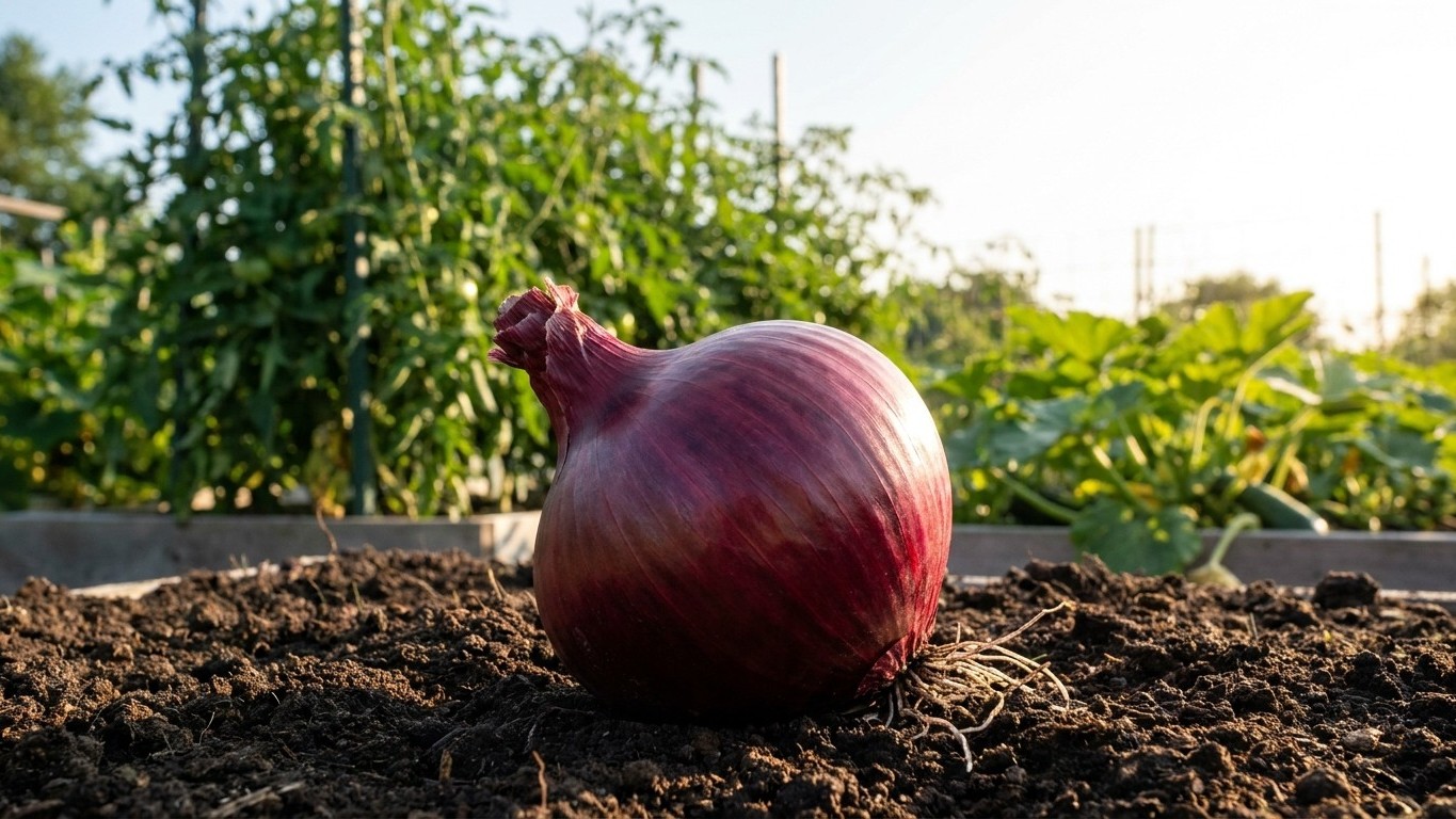 A freshly harvested red onion bulb sits on dark garden soil with vegetable beds and support stakes visible in the background.