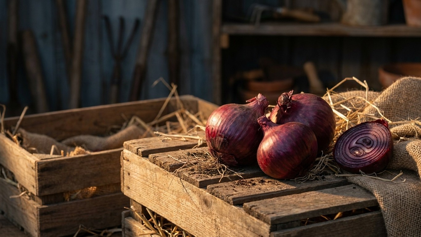 Fresh red onions displayed on rustic wooden crates with straw and burlap in what appears to be a harvest or storage setting.