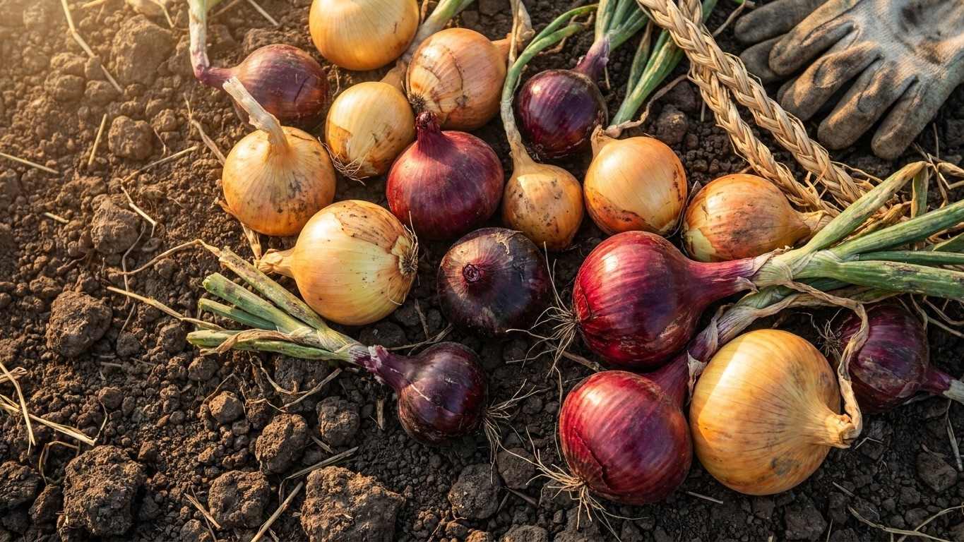 A harvest of freshly dug onions in golden and deep purple varieties displayed on soil with their green tops still attached.