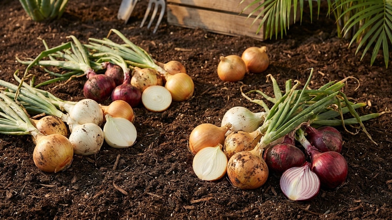 Various harvested onion bulbs in different varieties displayed on dark soil with green stems attached.