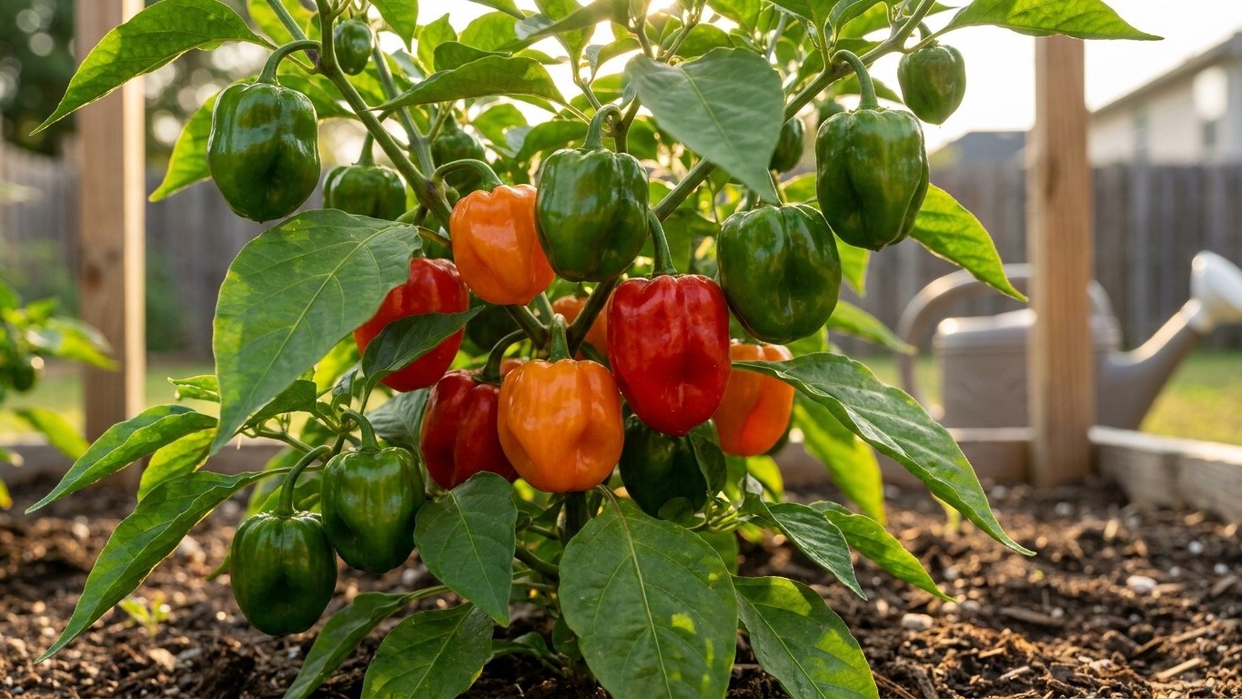 A healthy bell pepper plant displays multiple ripening fruits in stages of maturity from green to red and orange in a garden bed.